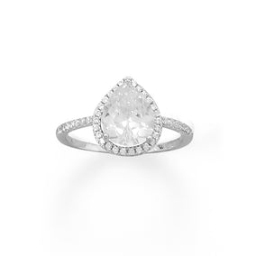 Rhodium Plated Solitaire Pear CZ Ring with Halo CZ Edge