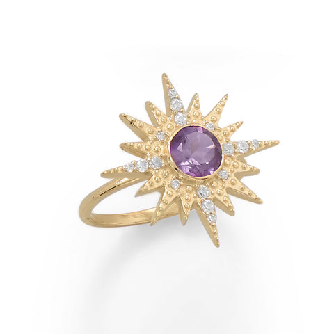 14 Karat Gold Plated CZ Sunburst with Amethyst Ring