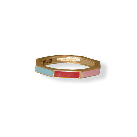 14 Karat Gold Plated Rainbow Enamel Flat Edge Ring