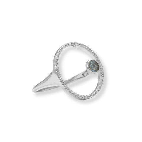 Rhodium Plated Floating Labradorite and CZ Circle Ring