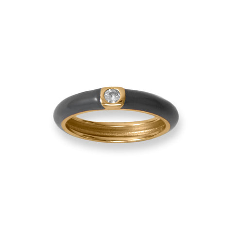 14 Karat Gold Plated Grey Enamel and CZ Ring