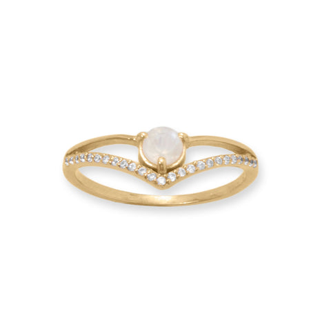 14 Karat Gold Plated CZ and Rainbow Moonstone "V" Ring