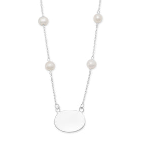 16" ID Tag Necklace with White Cultured Freshwater Pearl