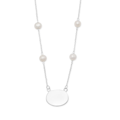 16" ID Tag Necklace with White Cultured Freshwater Pearl