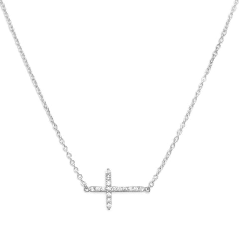 16" + 2" Rhodium Plated CZ Sideways Cross Necklace