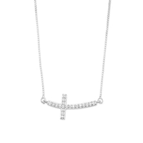 Rhodium Plated Sideways Cross Necklace with Diamonds