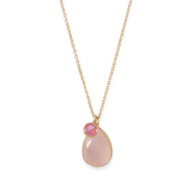 14 Karat Gold Rose Quartz and Pink Glass Necklace