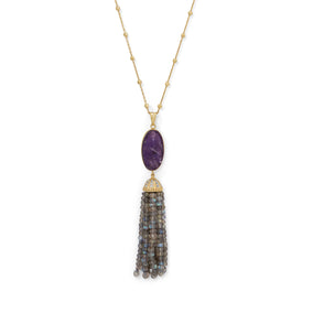 14 Karat Gold Plated Amethyst and Labradorite Tassel Necklace