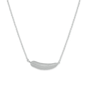 Rhodium Plated Tiny Sideways Feather Necklace
