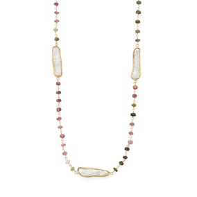 24"  14 Karat Gold Plated Tourmaline and Cultured Freshwater Pearl Necklace