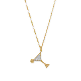 14 Karat Gold Plated CZ Martini Charm Necklace