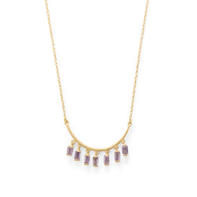 14 Karat Gold Plated Curved Bar Amethyst Drop Necklace