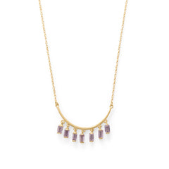 14 Karat Gold Plated Curved Bar Amethyst Drop Necklace