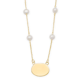 16" Gold Plated Engravable Necklace with White Cultured Freshwater Pearls