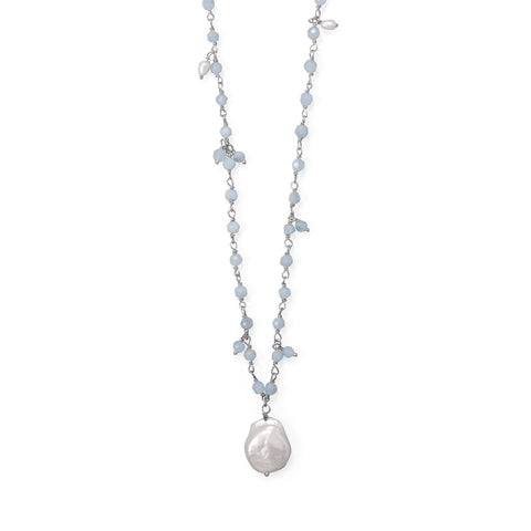 18"+2" Beaded Aquamarine and Cultured Freshwater Pearl Necklace