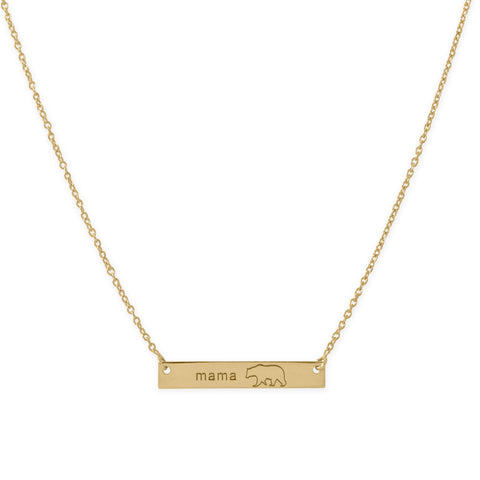 16" + 2” 14 Karat Gold Plated "Mama Bear" Bar Necklace