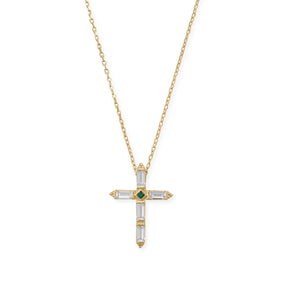 Bodacious Baguettes! 16" + 2" White and Green CZ Cross Necklace