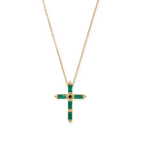 Bodacious Baguettes! 16" + 2" Green and Black CZ Cross Necklace