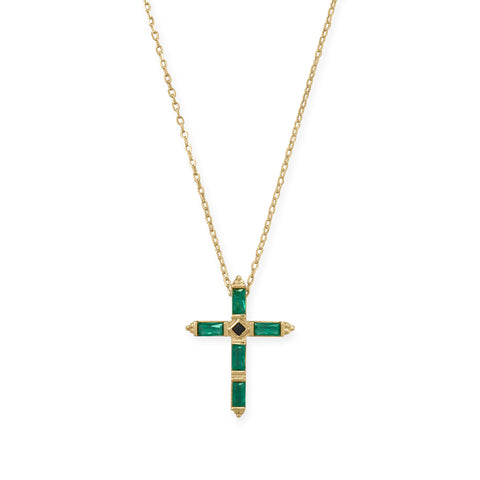 Bodacious Baguettes! 16" + 2" Green and Black CZ Cross Necklace