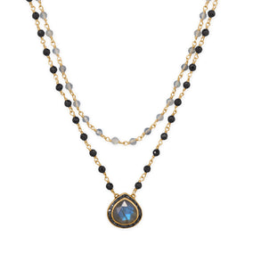 19"/20" + 2" 14 Karat Gold Plated Labradorite and Black Onyx Necklace