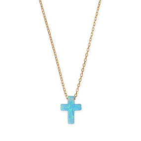 16" + 2" 14 Karat Gold Plated Synthetic Opal Cross Necklace