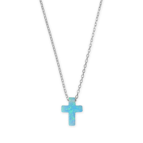 16" + 2" Rhodium Plated Synthetic Opal Cross Necklace