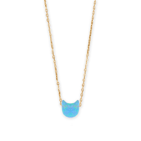16" + 2" 14 Karat Gold Plated Synthetic Opal Kitty Cat Necklace