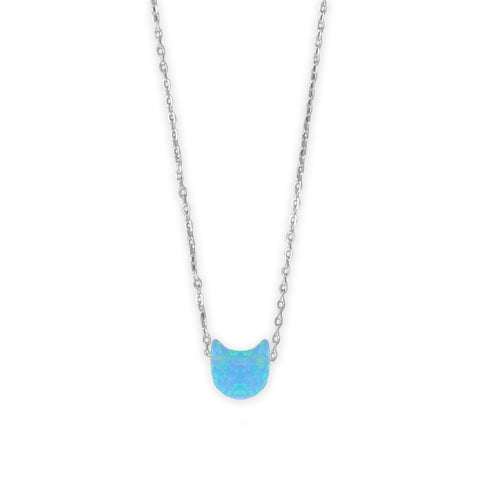 16" + 2" Rhodium Plated Synthetic Opal Kitty Cat Face Necklace