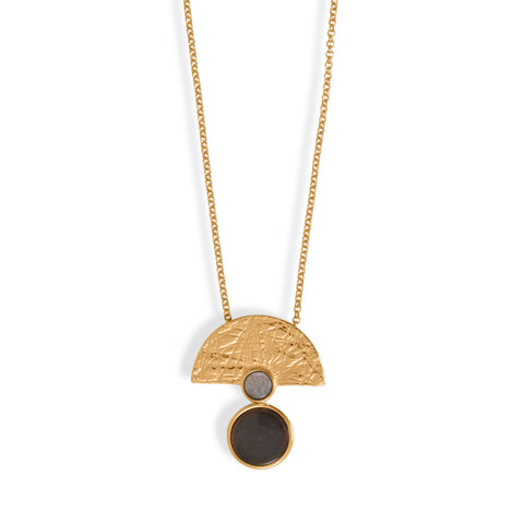 20" + 2" 24 Karat Gold Plated Obsidian Fan Design Necklace