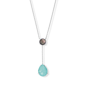16" + 2" Rhodium Plated Black Mother of Pearl and Turquoise Drop Necklace