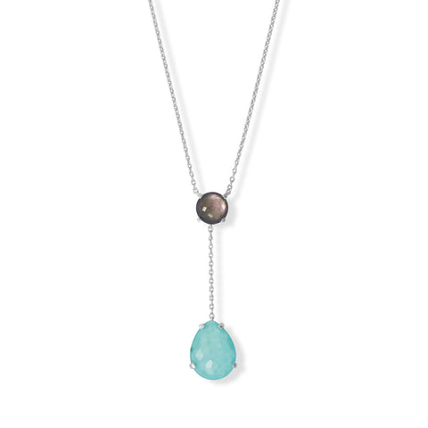 16" + 2" Rhodium Plated Black Mother of Pearl and Turquoise Drop Necklace