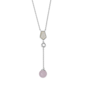 16" + 2" Rhodium Plated Mother of Pearl, Clear Quartz and Rose Quartz Necklace
