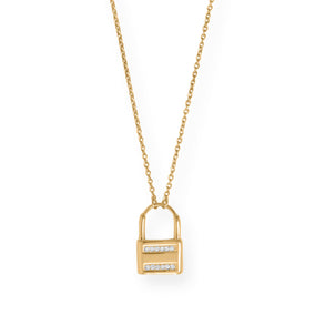 16" + 2" 14 Karat Gold Plated CZ Lock Necklace