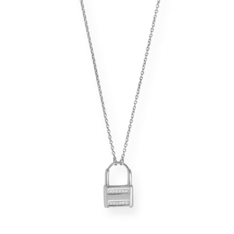 16" + 2" Rhodium Plated CZ Lock Necklace