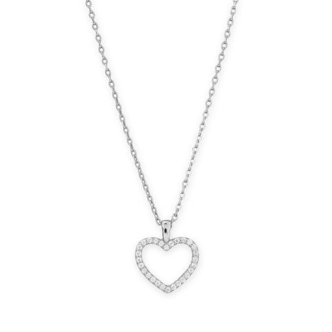16" + 2" Rhodium Plated CZ Heart Necklace