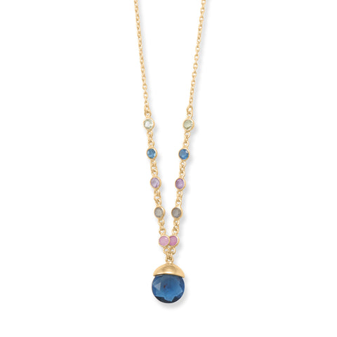 16" + 2" 14 Karat Gold Plated Blue Glass Drop Necklace