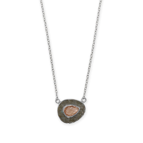 18 "+ 2" Rhodium Plated Pink Glass and Labradorite Halo Necklace