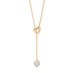 16" + 2" 14 Karat Gold Plated Cultured Freshwater Pearl and CZ Heart Lariat Necklace