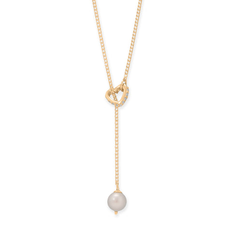 16" + 2" 14 Karat Gold Plated Cultured Freshwater Pearl and CZ Heart Lariat Necklace
