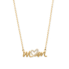 16" + 2" 14 Karat Gold Plated CZ Heart "mom" Necklace