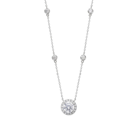 15" + 2" Rhodium Plated 8mm Halo CZ and Bezel CZ Necklace