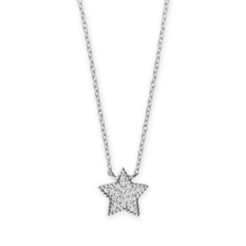 16" + 2" Rhodium Plated Pave CZ Star Necklace