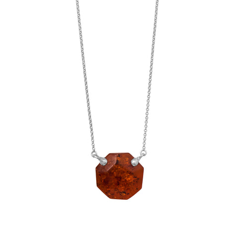 18" + 2" Rhodium Plated Octagon Baltic Amber Necklace