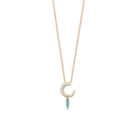 16" + 2" 14 Karat Gold Plated Synthetic Turquoise and CZ Crescent Drop Necklace
