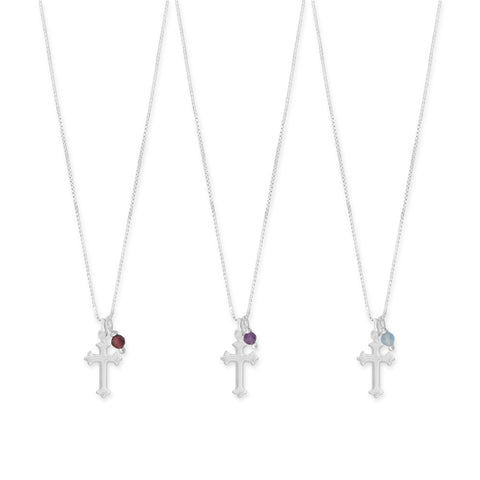 16" Birthstone and Small Ornate Cross Charm Necklace