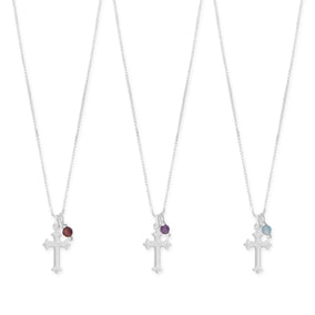 16" Birthstone and Ornate Cross Charm Necklace (All Months)