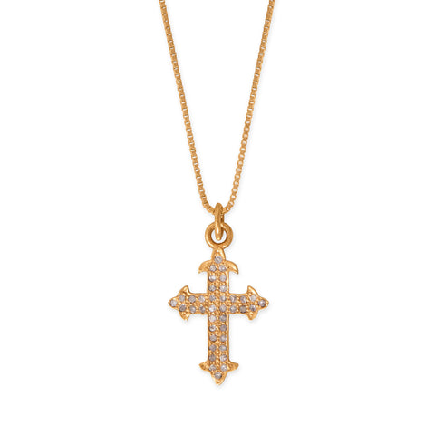 18" 14 Karat Gold Plated Diamond Studded Ornate Cross Necklace