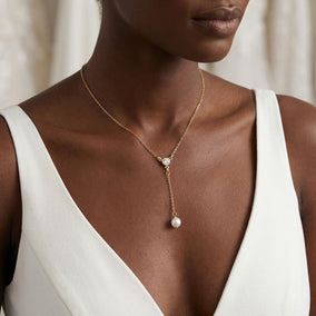 16" + 2" 14/20 Gold Filled CZ and Pearl Y Drop Necklace