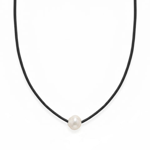 16" Black Leather and Floating Cultured Freshwater Pearl Necklace