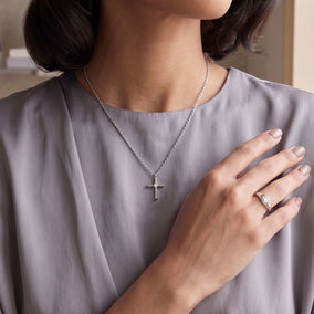 16" + 2" Rhodium Plated Lab Grown Diamond Cross Necklace